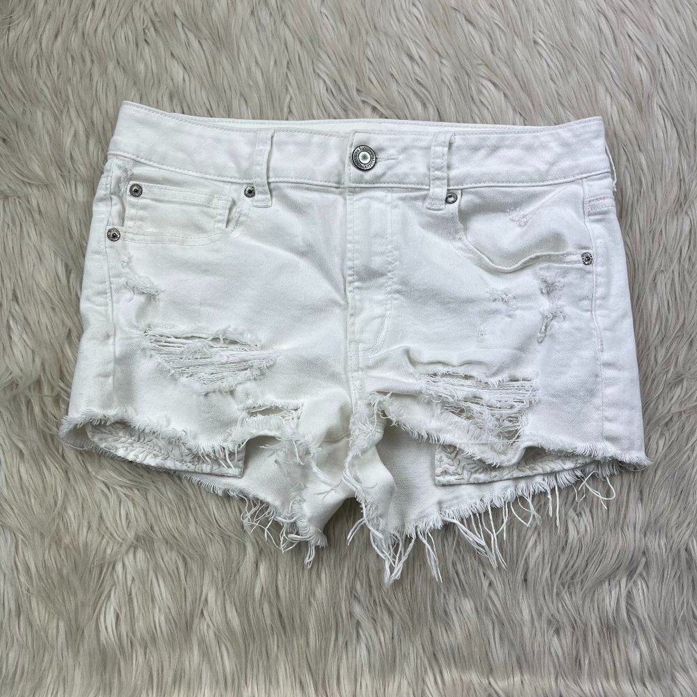 American Eagle Outfitters Women's Hi-Rise White Distressed Denim Shorts